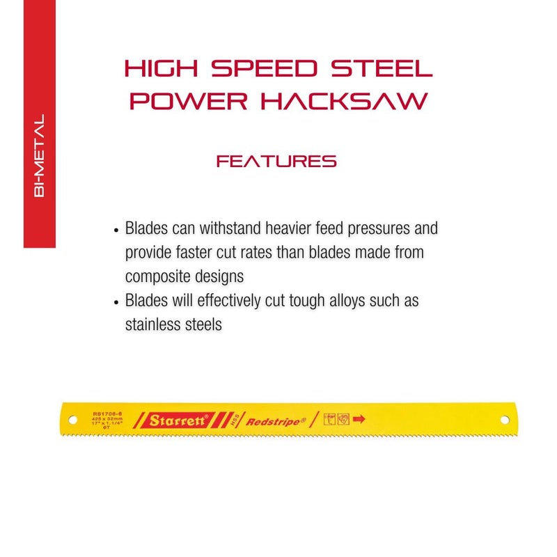 Starrett Redstripe Solid High Speed Steel Power Hacksaw Blade - Ideal for Contractors and Tradesmen - .062" Thickness, 6 TPI, 17" Length, 1-1/4" Width - RS1706-6 - Image 2